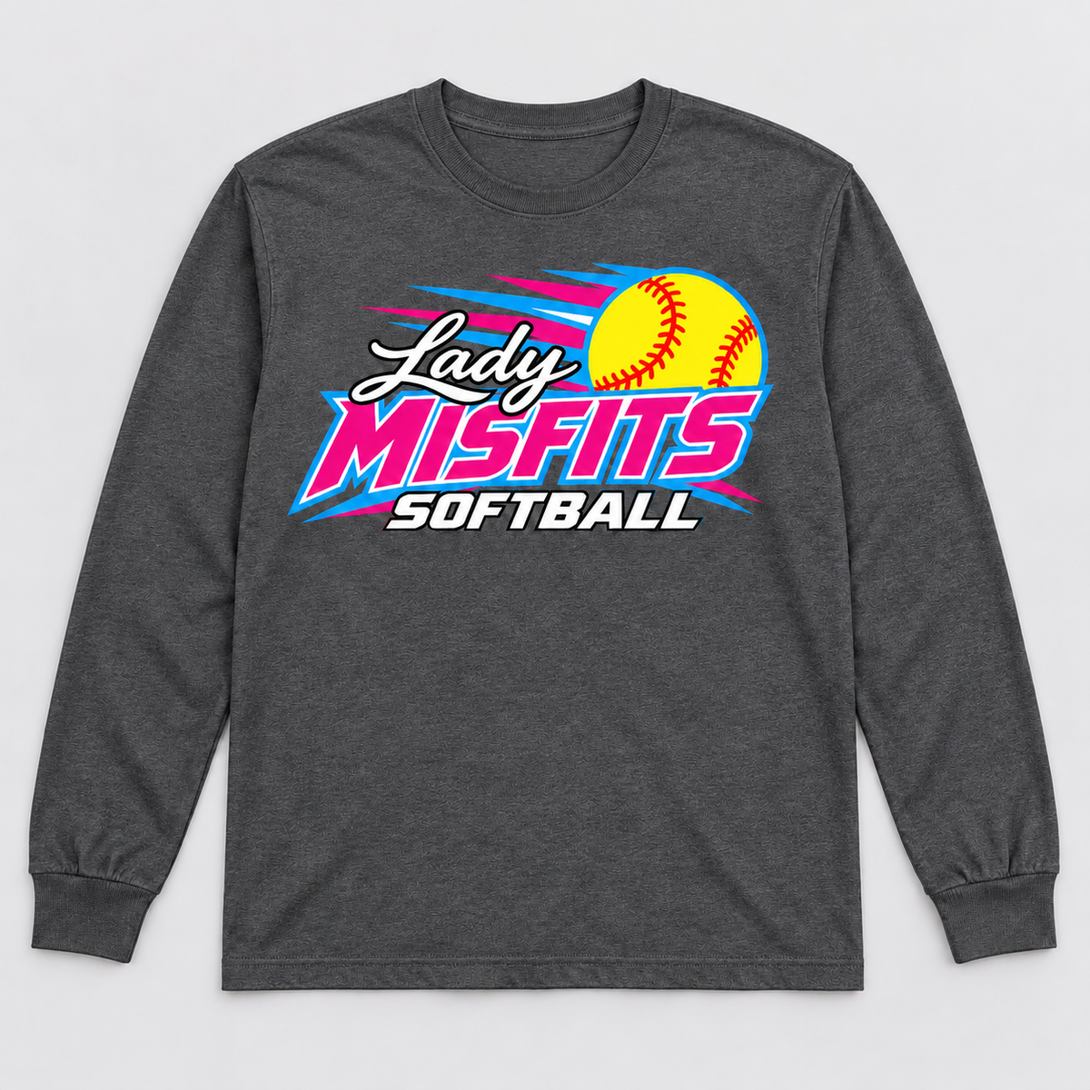 Lady Misfits 12U Fastpitch Streak design on Gildan Heavy Cotton Long Sleeve in Dark Heather
