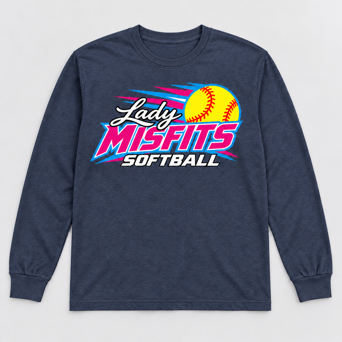 Lady Misfits 12U Fastpitch Streak design on Gildan Heavy Cotton Long Sleeve in Heather Dark Navy