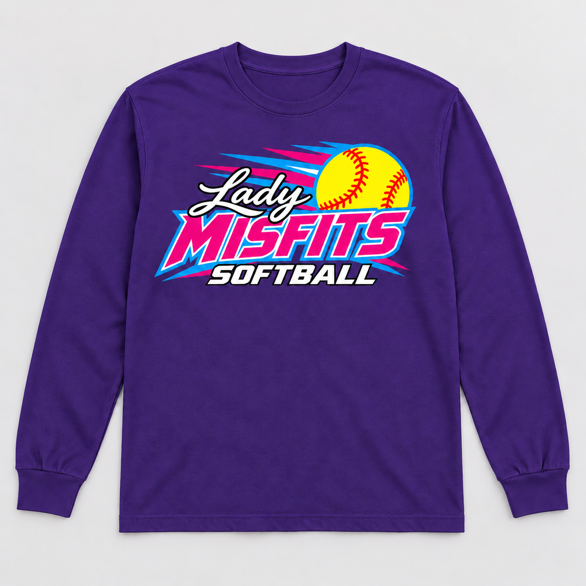 Lady Misfits 12U Fastpitch Streak design on Gildan Heavy Cotton Long Sleeve in Purple