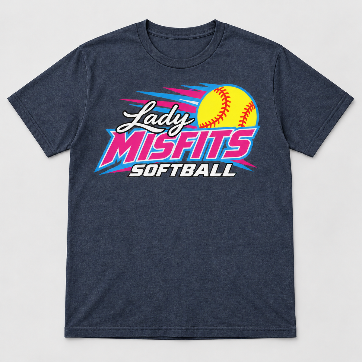 Lady Misfits 12U Fastpitch Streak design on Gildan Heavy Cotton T-Shirt in Heather Dark Navy