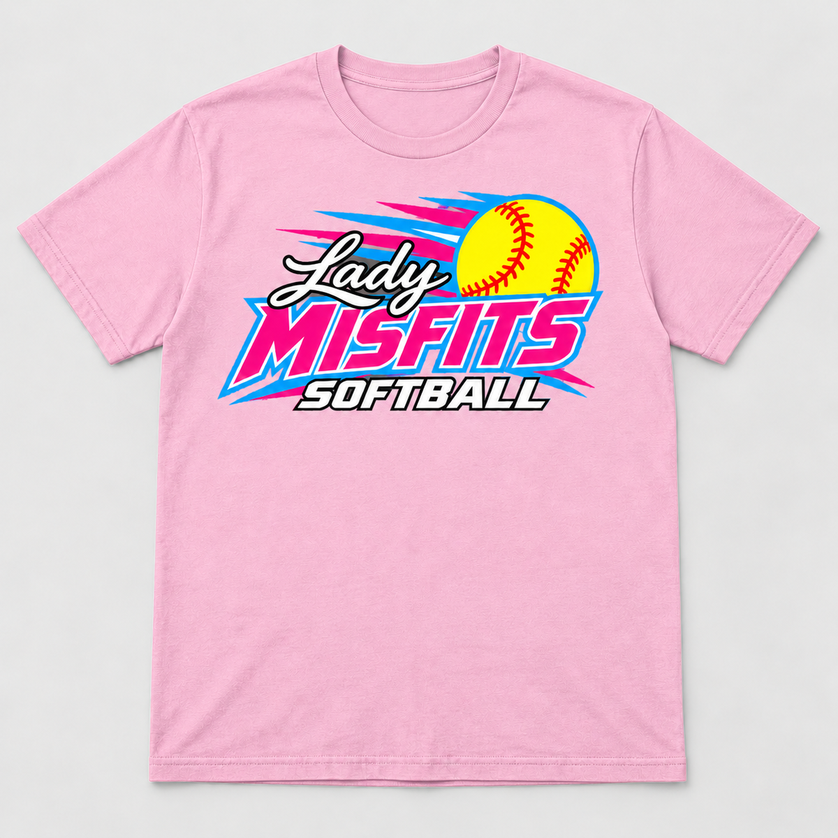 Lady Misfits 12U Fastpitch Streak design on Gildan Heavy Cotton T-Shirt in Light Pink