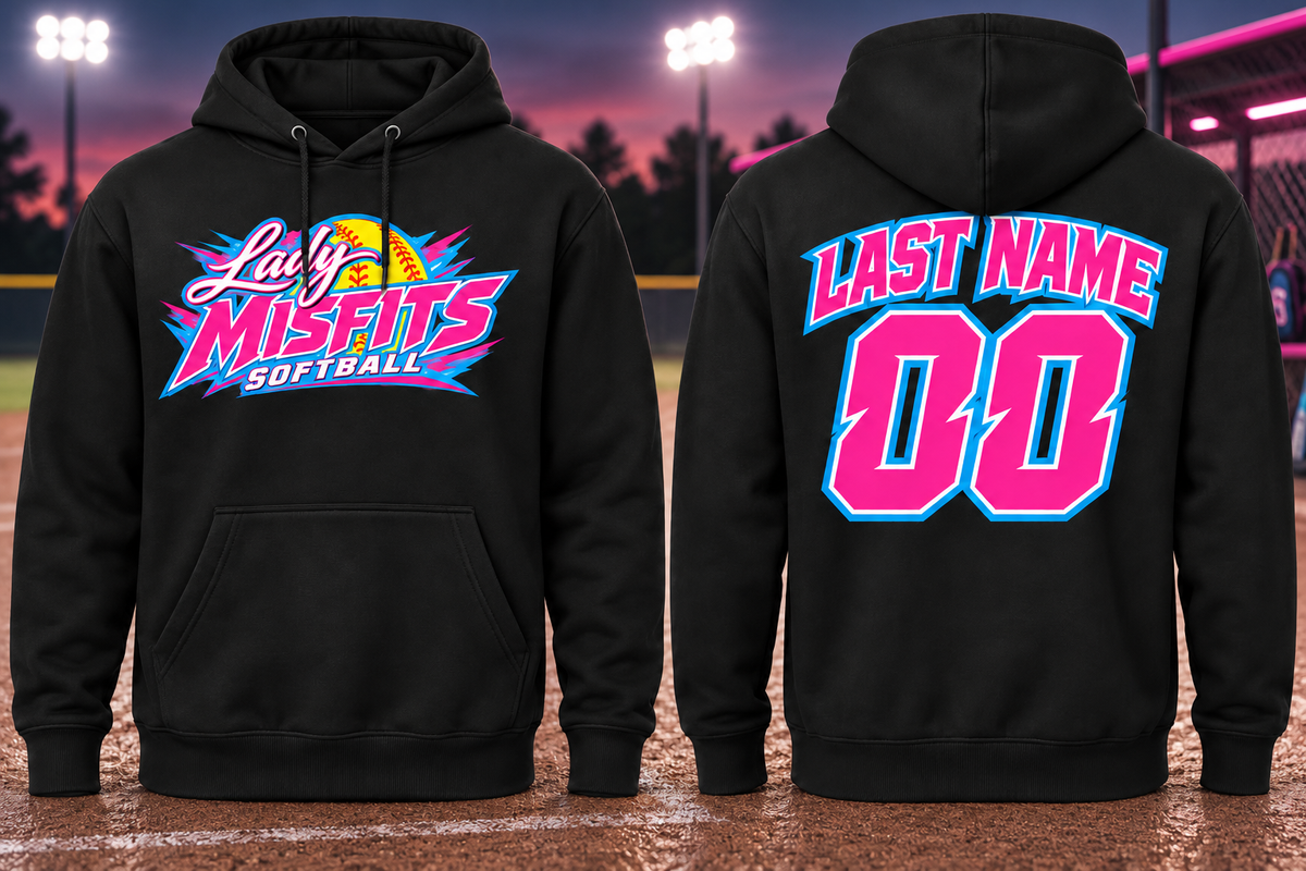 Lady Misfits players and coaches personalized black hoodie front and back with name and number