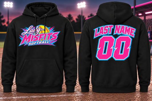 Lady Misfits players and coaches personalized black hoodie front and back with name and number