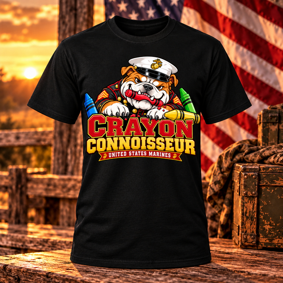 Black United States Marines Crayon Connoisseur T-shirt with bulldog illustration