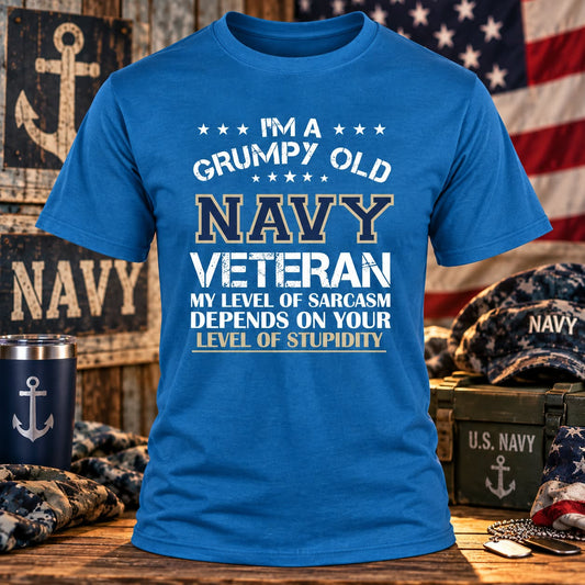 Grumpy Old NAVY Veteran Sapphire Blue T-shirt with themed background