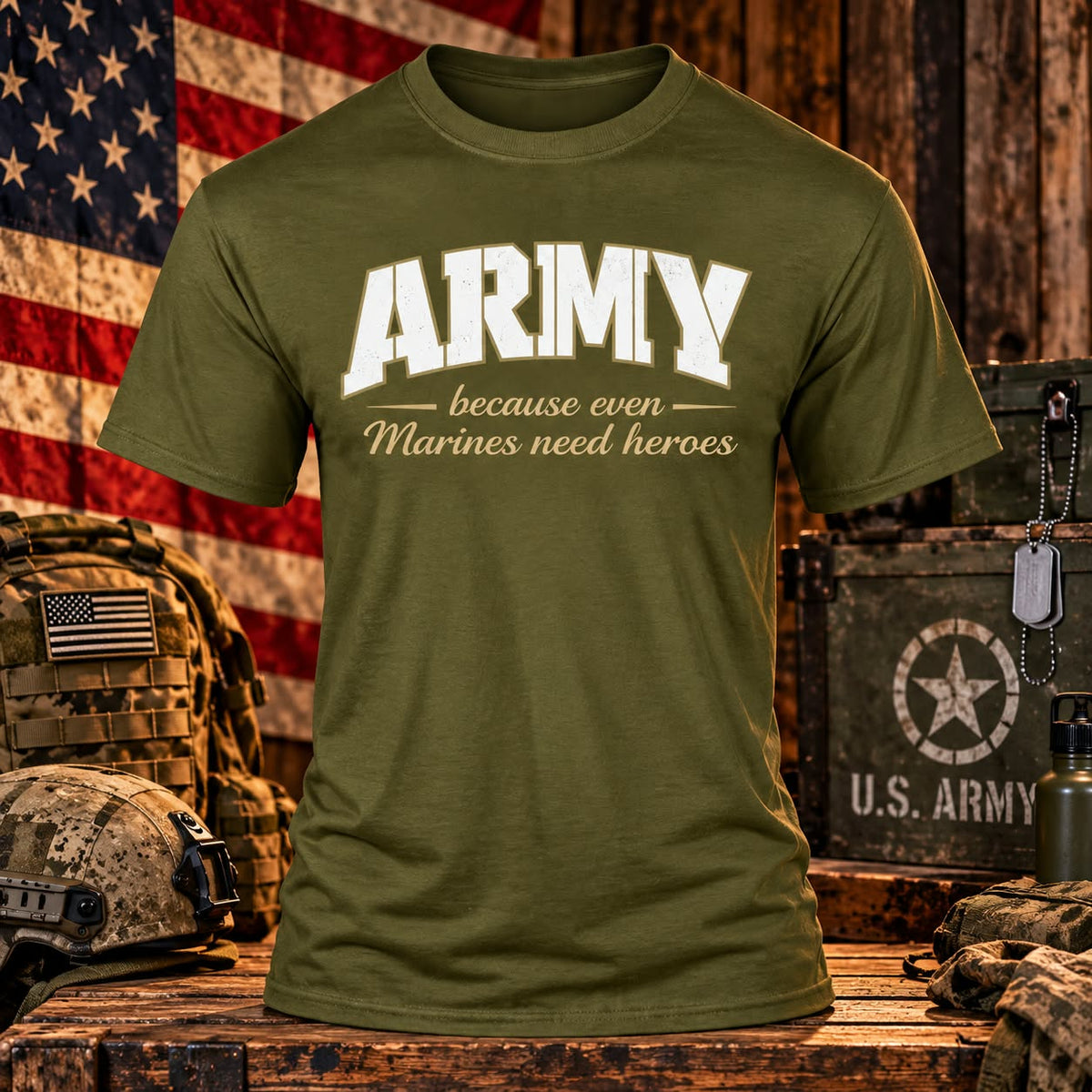 even marines need heroes Military Green T-shirt with themed background