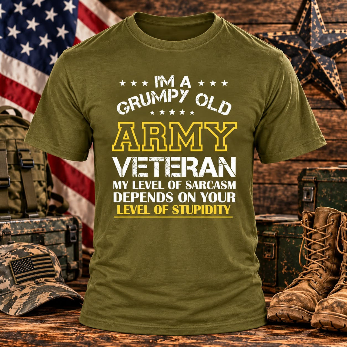 Grumpy Old ARMY Veteran Military Green T-shirt with themed background