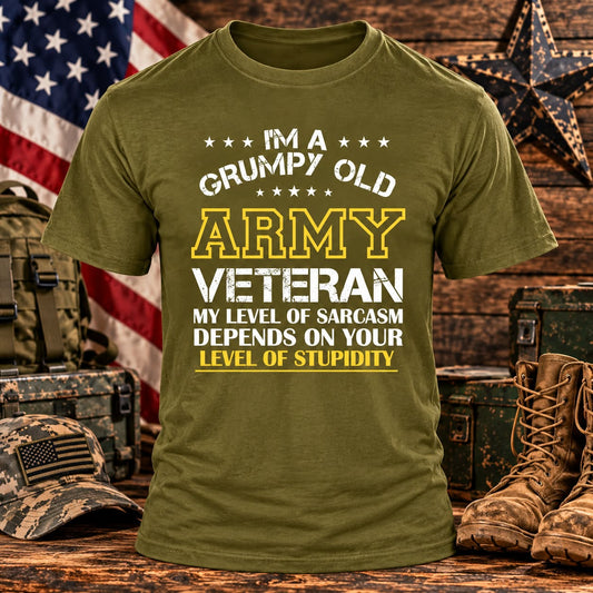 Grumpy Old ARMY Veteran Military Green T-shirt with themed background