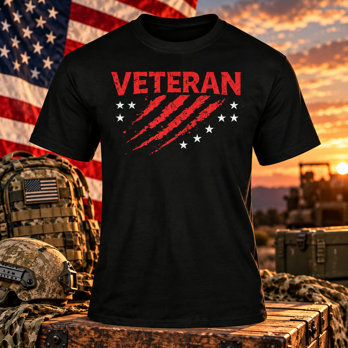 Veteran flag Black T-shirt with themed background