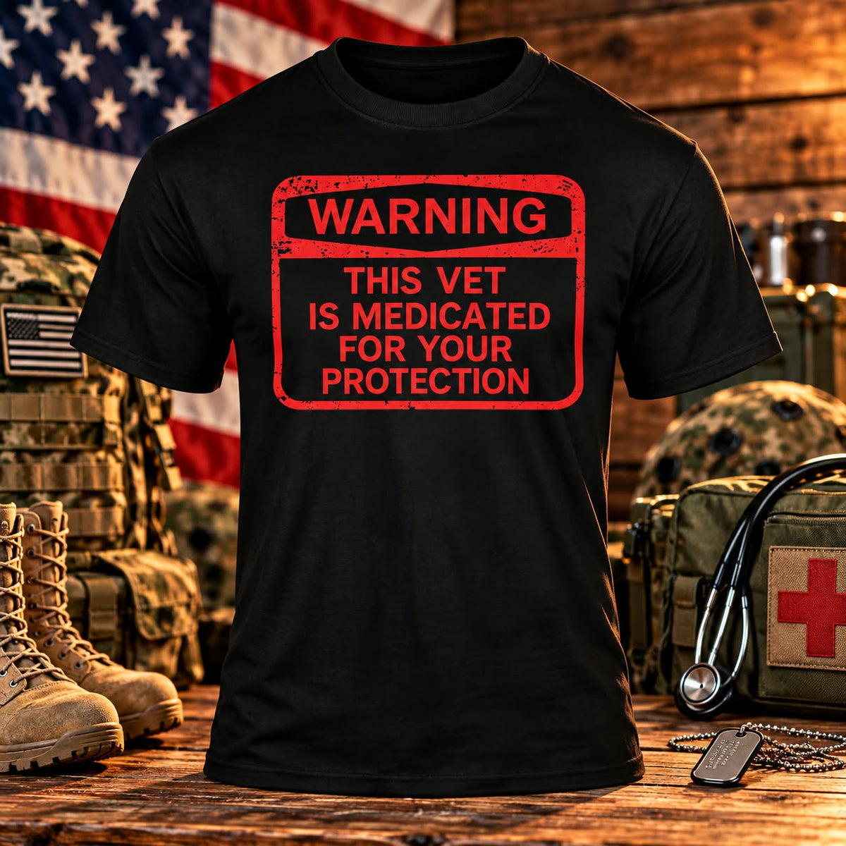 Medicated for your safety Black T-shirt with themed background