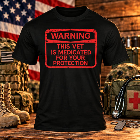 Medicated for your safety Black T-shirt with themed background