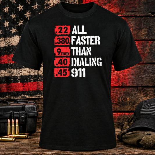 Faster Than 911 Black T-shirt with themed background