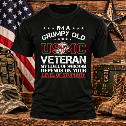 Grumpy Old USMC Veteran  (Black) Black T-shirt with themed background