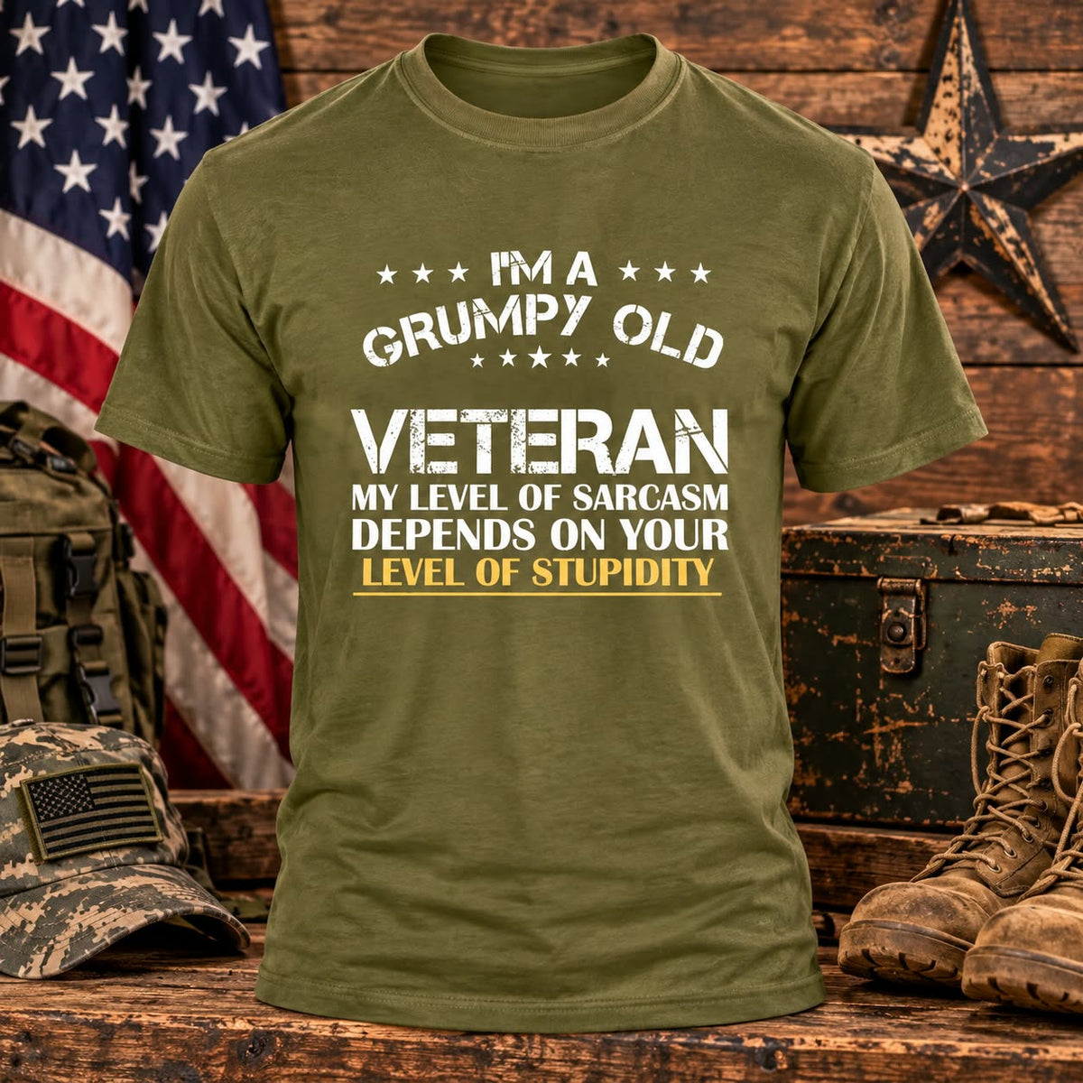 Grumpy Old Veteran Military Green T-shirt with themed background