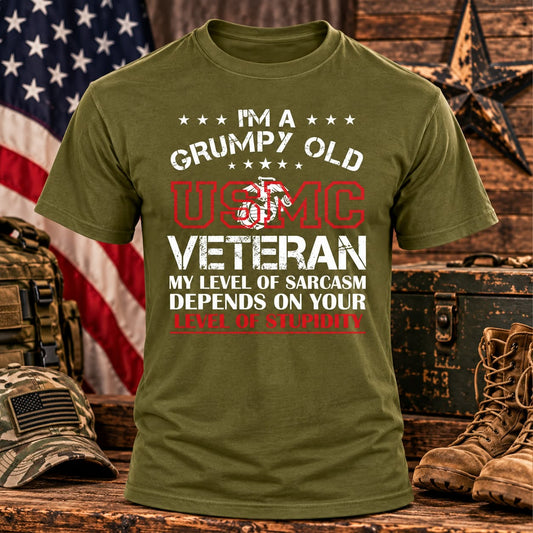 Grumpy Old USMC Veteran Military Green T-shirt with themed background