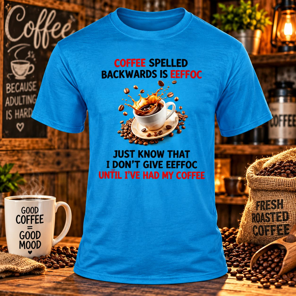 eeffoc Sapphire Blue T-shirt with themed background