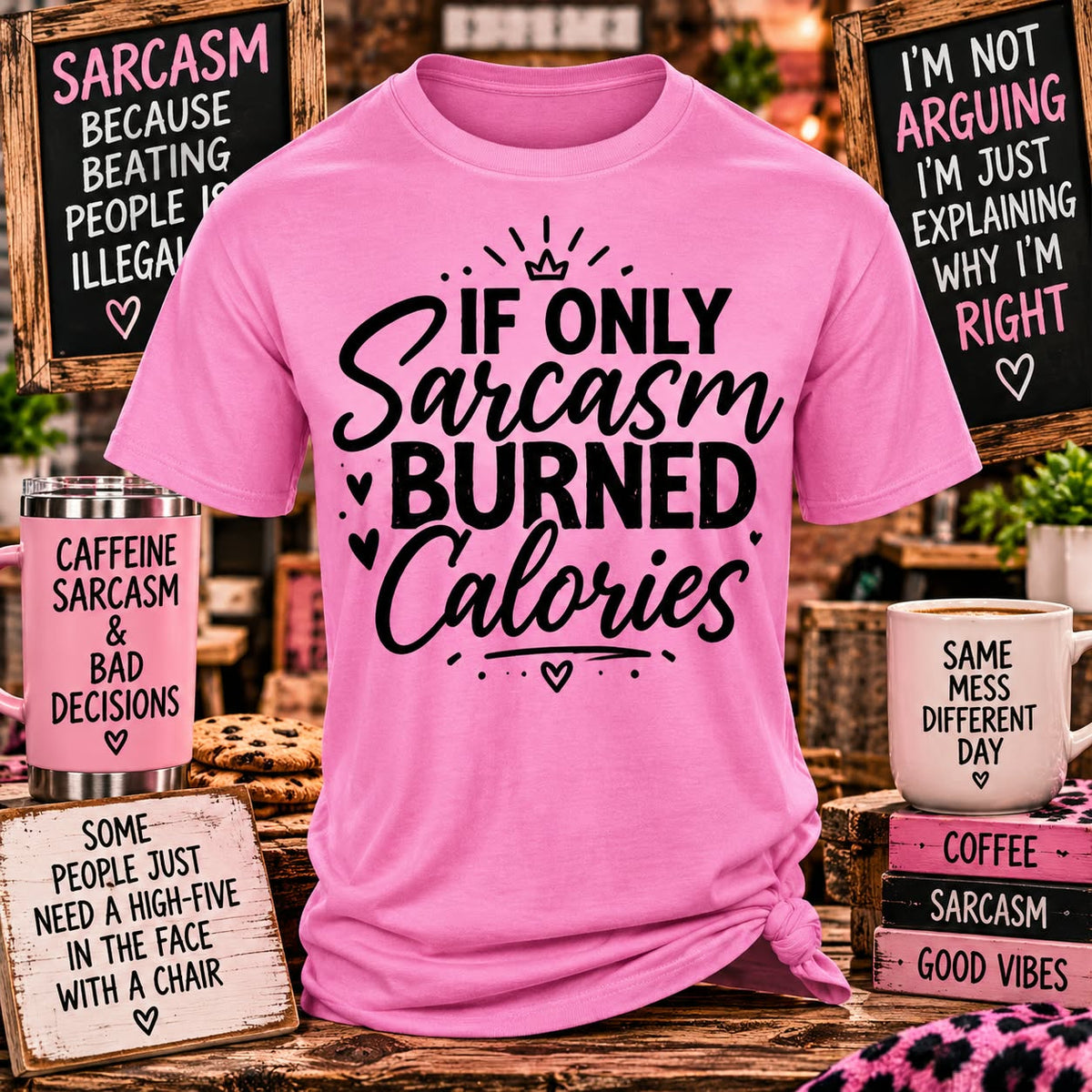 Is Sarcasm Burned Calories Pink T-shirt with themed background