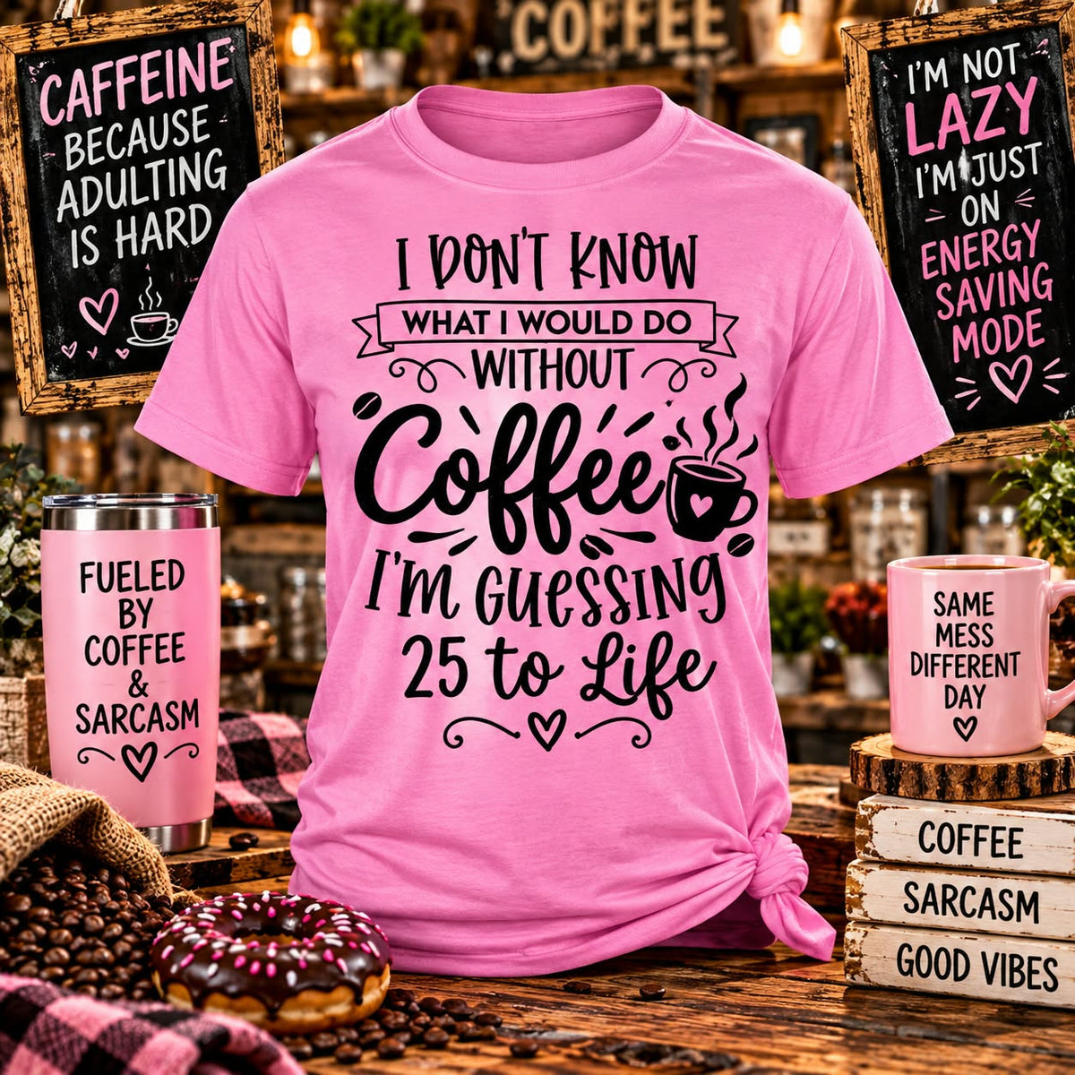 25 to Life Pink T-shirt with themed background