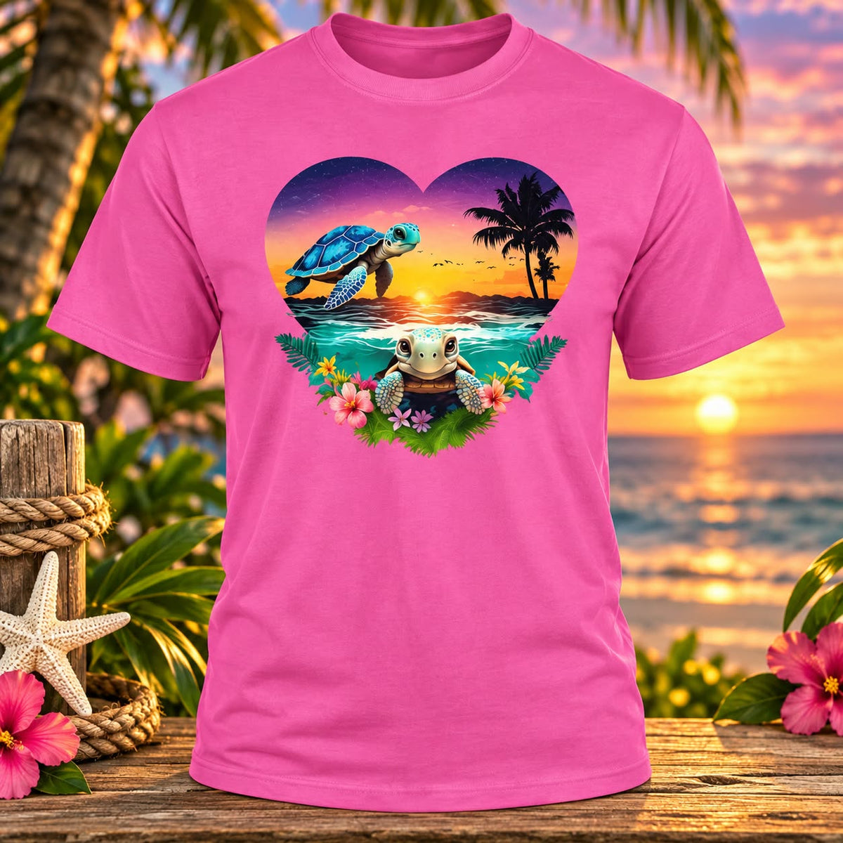 Sea Turtles Hot Pink T-shirt with themed background