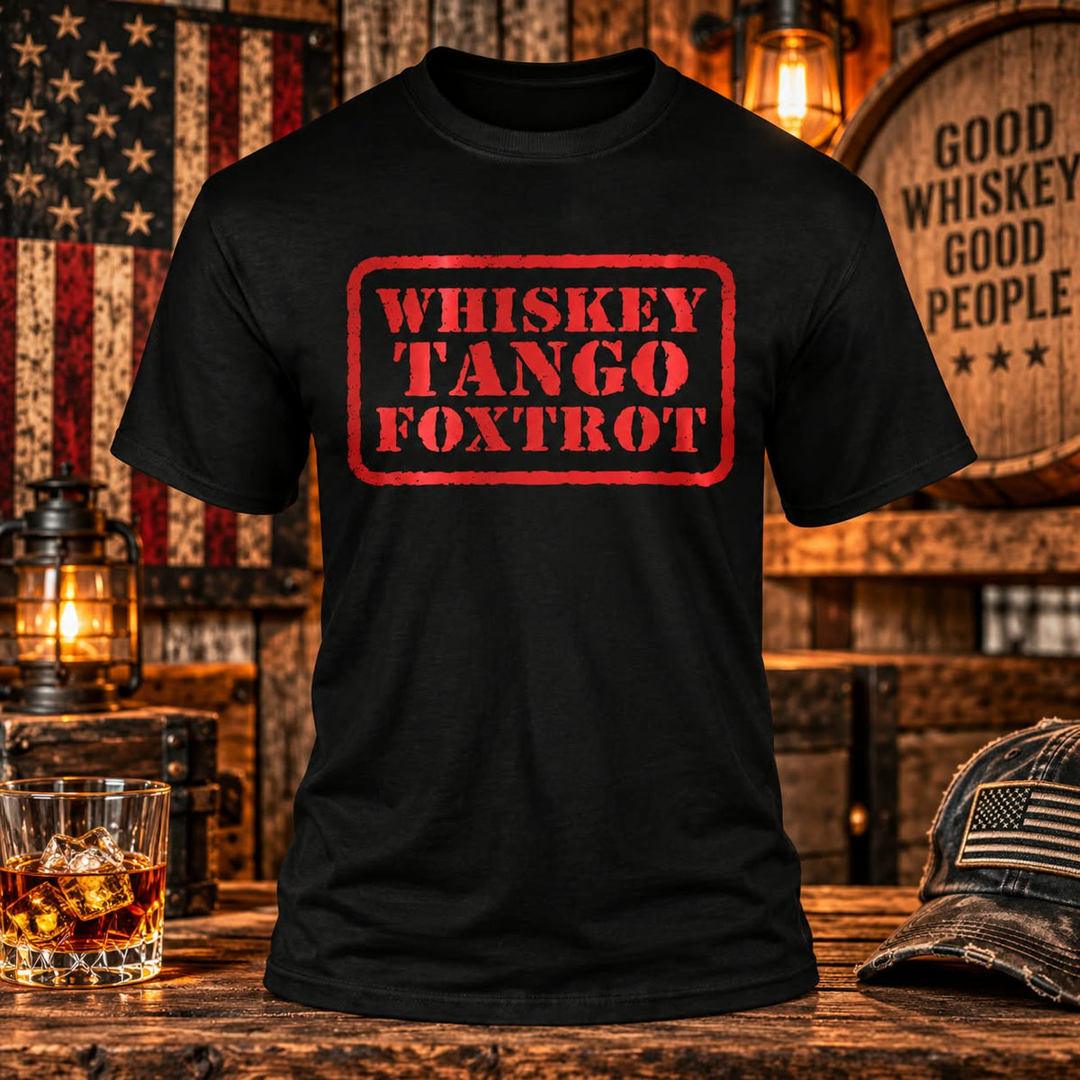 Whiskey Tango Foxtrot Black T-shirt with themed background