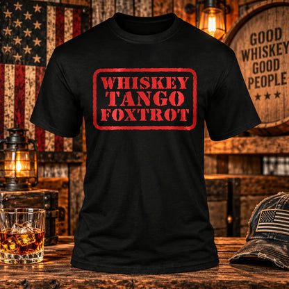 Whiskey Tango Foxtrot Black T-shirt with themed background