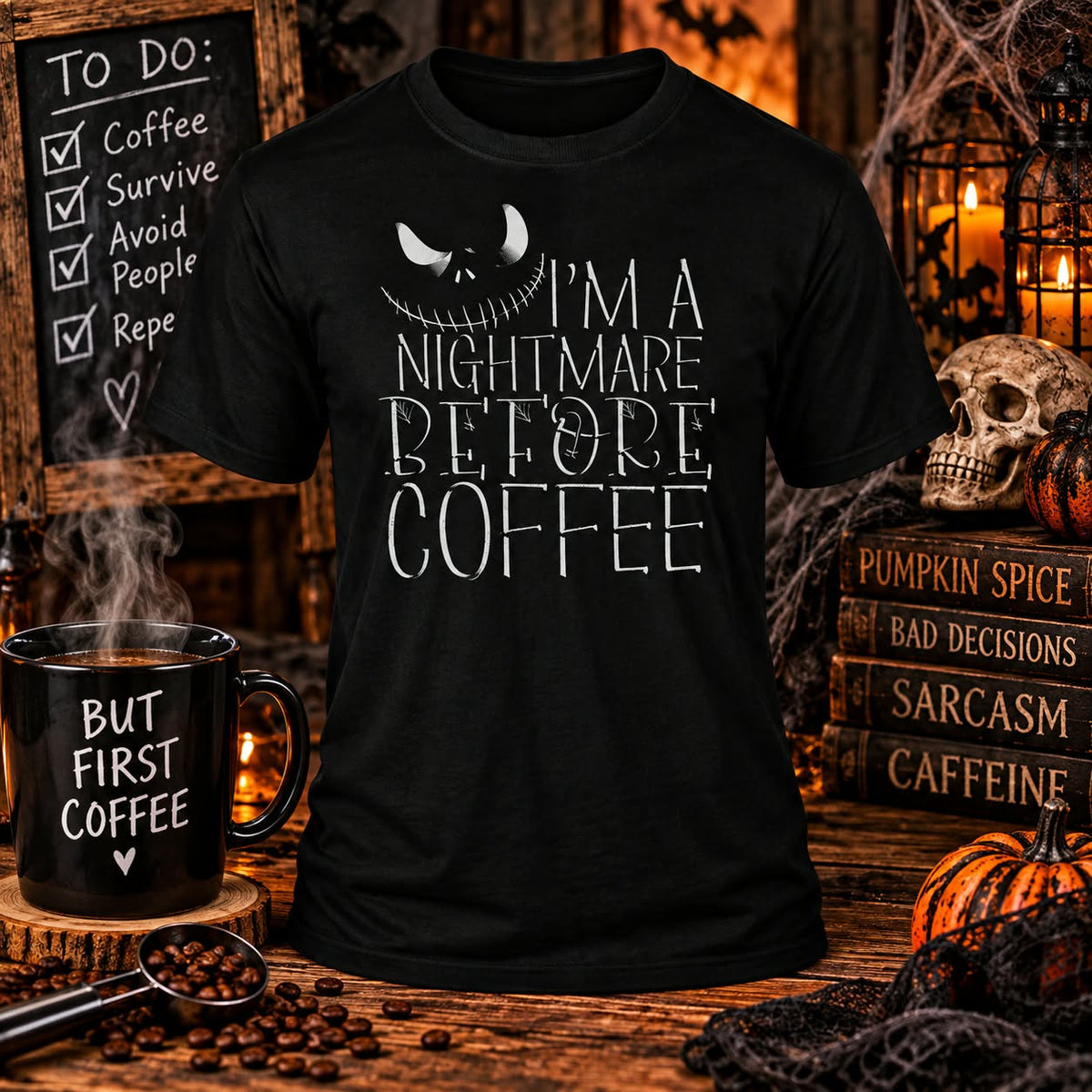 nightmare b4 coffee Black T-shirt with themed background