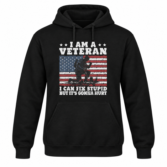 I Can Fix Stupid — Gildan Softstyle Hoodie in Black — digital mockup