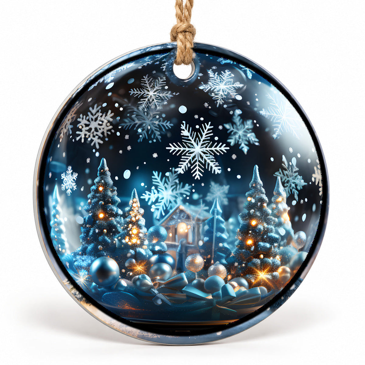 Blue Winter Village Flat Sublimation Ornament – Design 02 shown as a flat round ornament with drilled hole and jute hanging cord