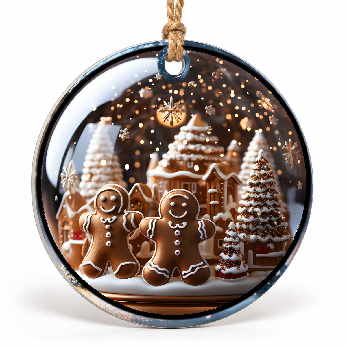 Gingerbread Village Flat Sublimation Ornament – Design 03 shown as a flat round ornament with drilled hole and jute hanging cord