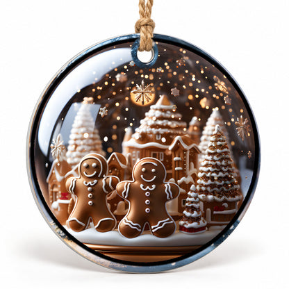 Gingerbread Village Flat Sublimation Ornament – Design 03 shown as a flat round ornament with drilled hole and jute hanging cord