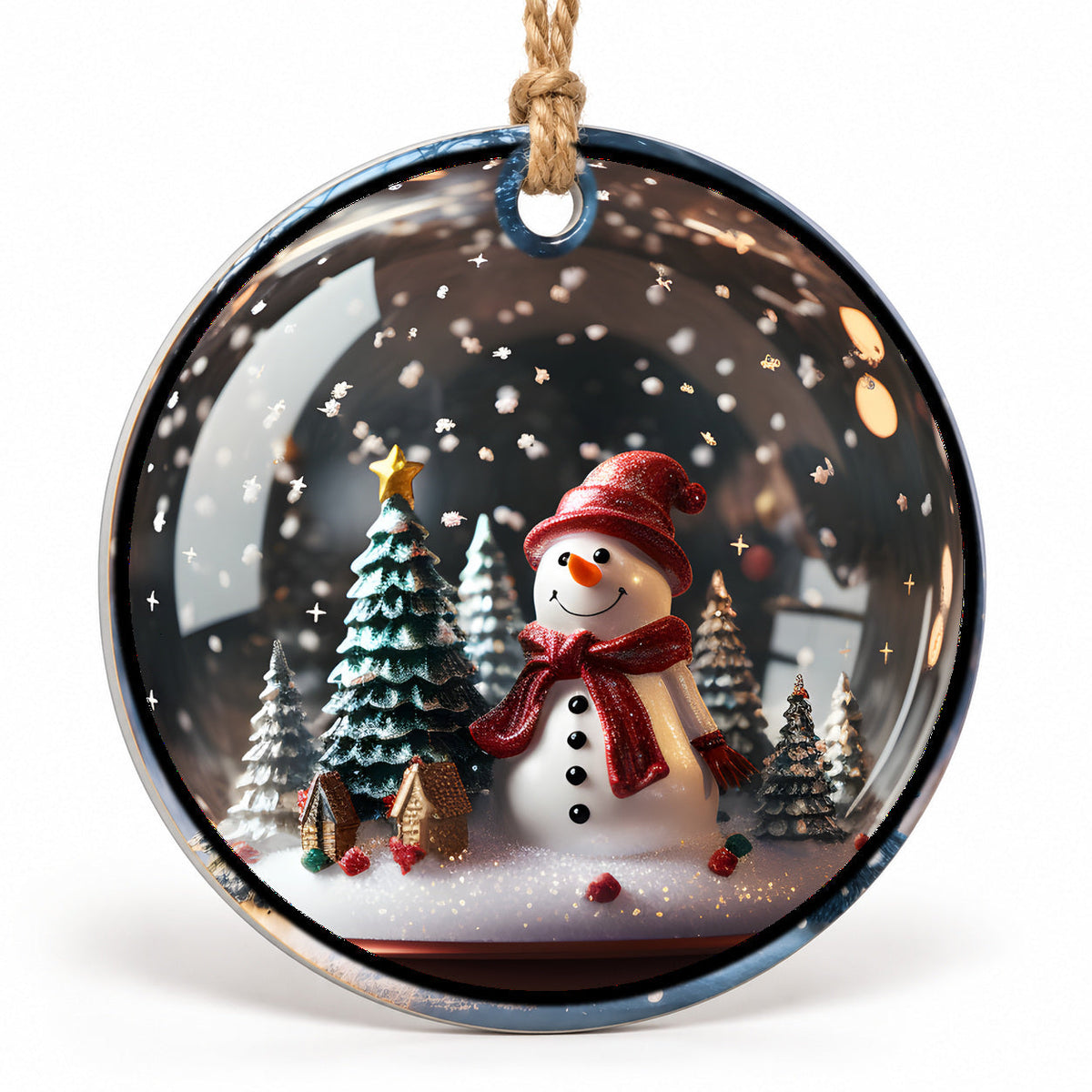 Snowman and Tree Flat Sublimation Ornament – Design 04 shown as a flat round ornament with drilled hole and jute hanging cord