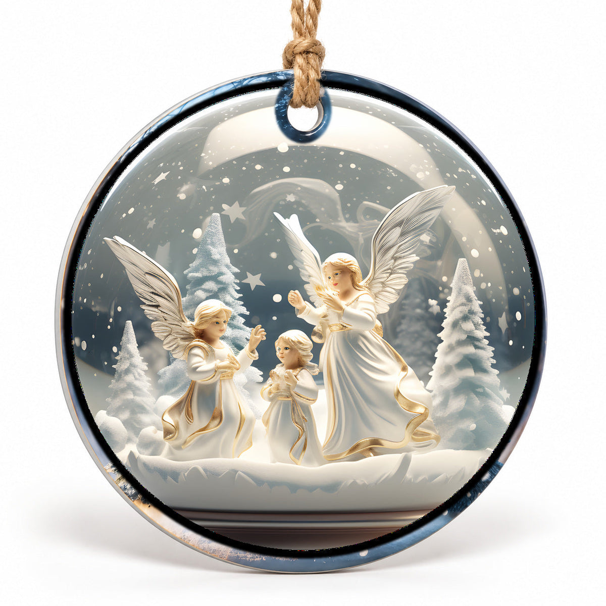 Christmas Angels Flat Sublimation Ornament – Design 05 shown as a flat round ornament with drilled hole and jute hanging cord