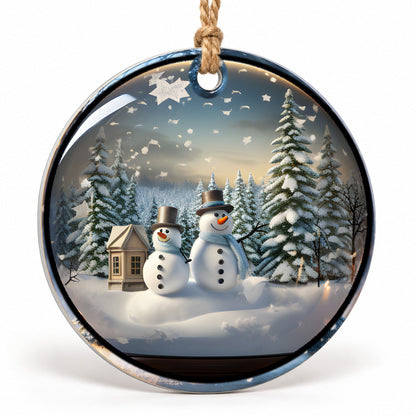 Snowman Couple Flat Sublimation Ornament – Design 06 shown as a flat round ornament with drilled hole and jute hanging cord