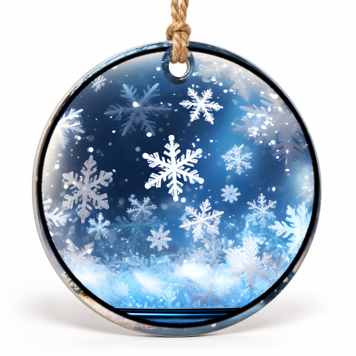 Blue Snowflakes Flat Sublimation Ornament – Design 07 shown as a flat round ornament with drilled hole and jute hanging cord