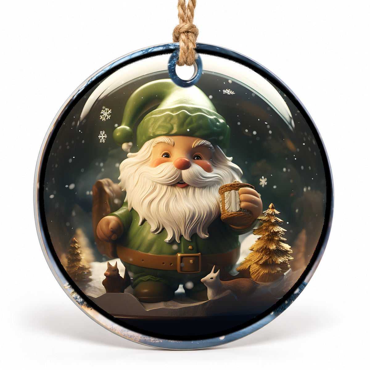 Cozy Christmas Gnome Flat Sublimation Ornament – Design 08 shown as a flat round ornament with drilled hole and jute hanging cord