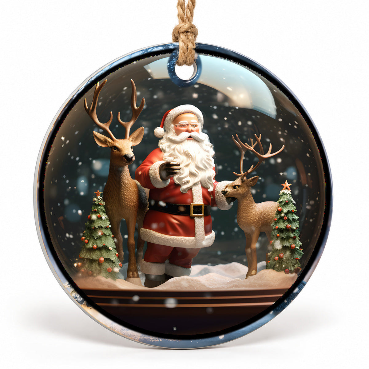 Santa and Reindeer Flat Sublimation Ornament – Design 09 shown as a flat round ornament with drilled hole and jute hanging cord