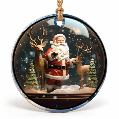 Santa and Reindeer Flat Sublimation Ornament – Design 09 shown as a flat round ornament with drilled hole and jute hanging cord