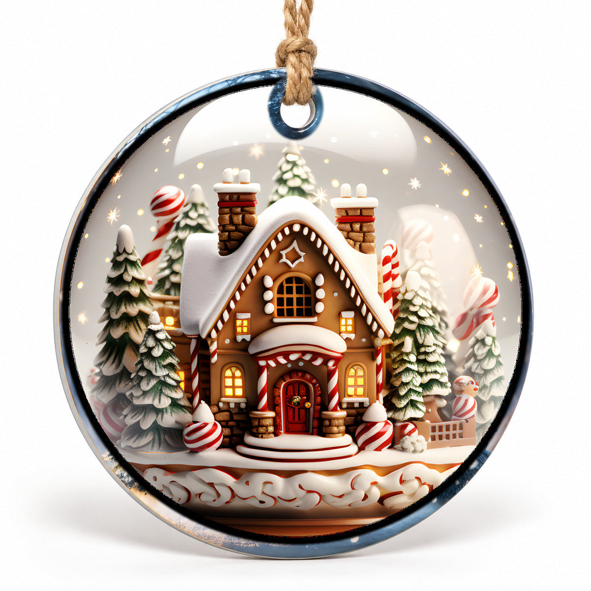 Candy Cane Cottage Flat Sublimation Ornament – Design 10 shown as a flat round ornament with drilled hole and jute hanging cord