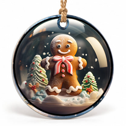 Gingerbread Man Flat Sublimation Ornament – Design 11 shown as a flat round ornament with drilled hole and jute hanging cord