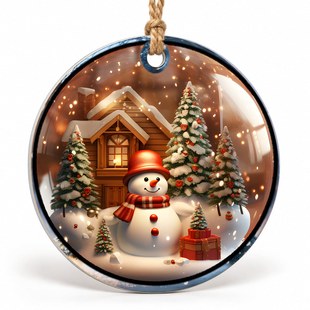 Snowman Cabin Flat Sublimation Ornament – Design 12 shown as a flat round ornament with drilled hole and jute hanging cord