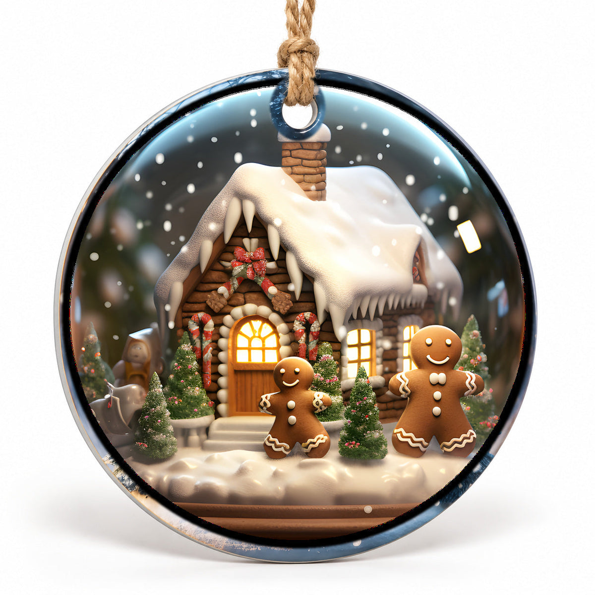 Gingerbread Cottage Flat Sublimation Ornament – Design 13 shown as a flat round ornament with drilled hole and jute hanging cord