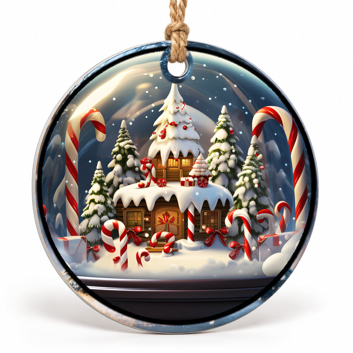 Candy Cane Village Flat Sublimation Ornament – Design 14 shown as a flat round ornament with drilled hole and jute hanging cord