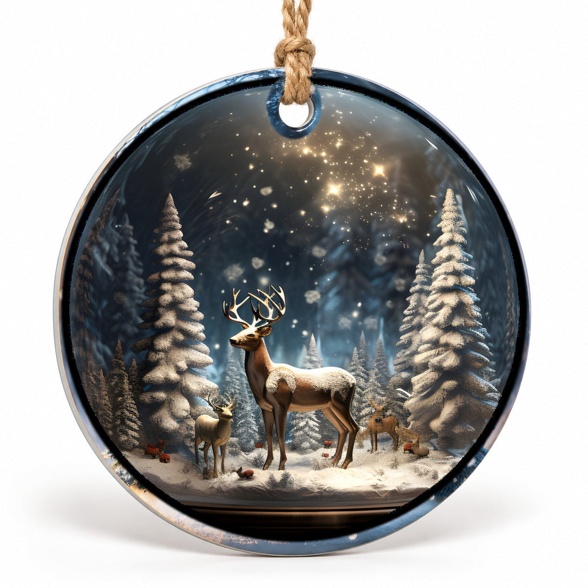 Winter Deer Flat Sublimation Ornament – Design 15 shown as a flat round ornament with drilled hole and jute hanging cord