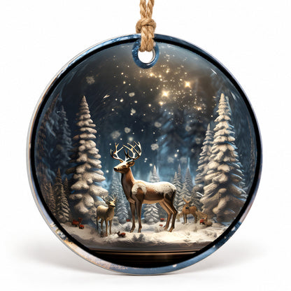 Winter Deer Flat Sublimation Ornament – Design 15 shown as a flat round ornament with drilled hole and jute hanging cord