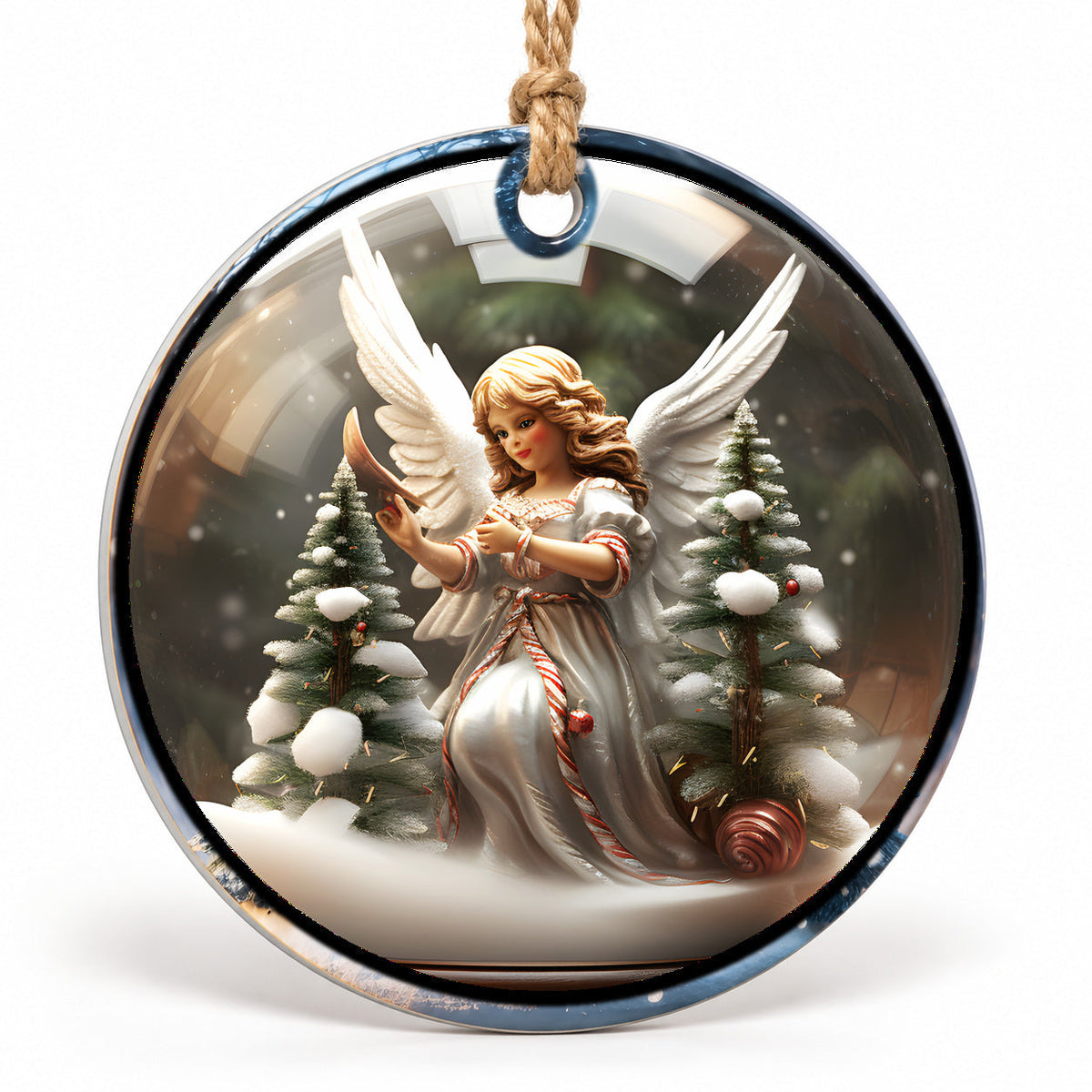Winter Angel Flat Sublimation Ornament – Design 16 shown as a flat round ornament with drilled hole and jute hanging cord