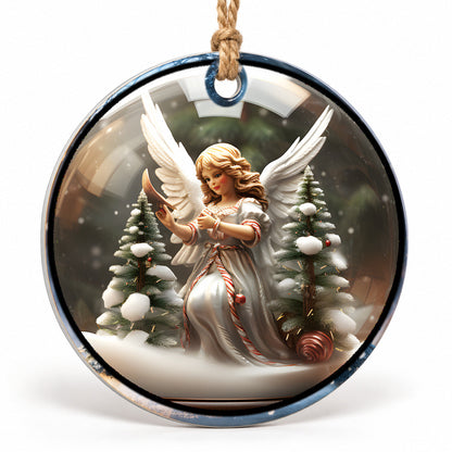 Winter Angel Flat Sublimation Ornament – Design 16 shown as a flat round ornament with drilled hole and jute hanging cord
