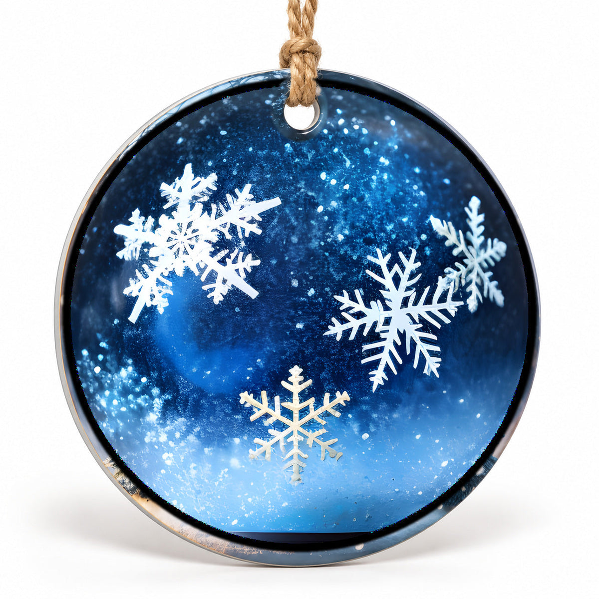 Snowflake Trio Flat Sublimation Ornament – Design 17 shown as a flat round ornament with drilled hole and jute hanging cord