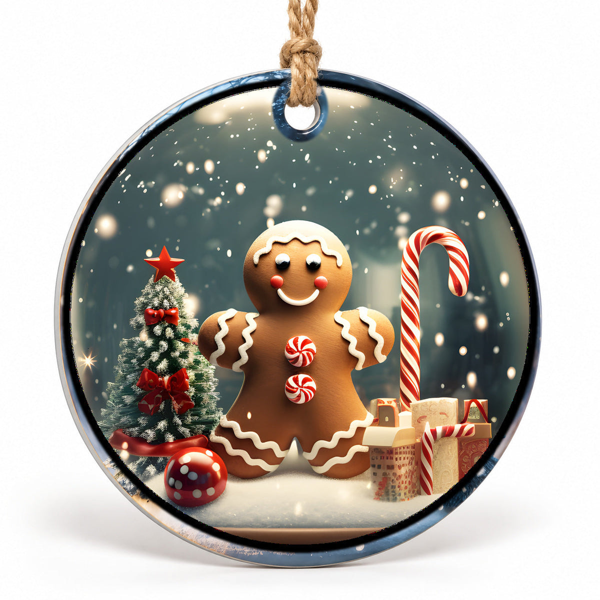 Gingerbread Girl Flat Sublimation Ornament – Design 18 shown as a flat round ornament with drilled hole and jute hanging cord