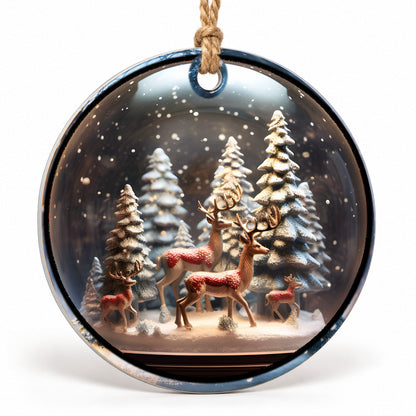 Reindeer Family Flat Sublimation Ornament – Design 19 shown as a flat round ornament with drilled hole and jute hanging cord