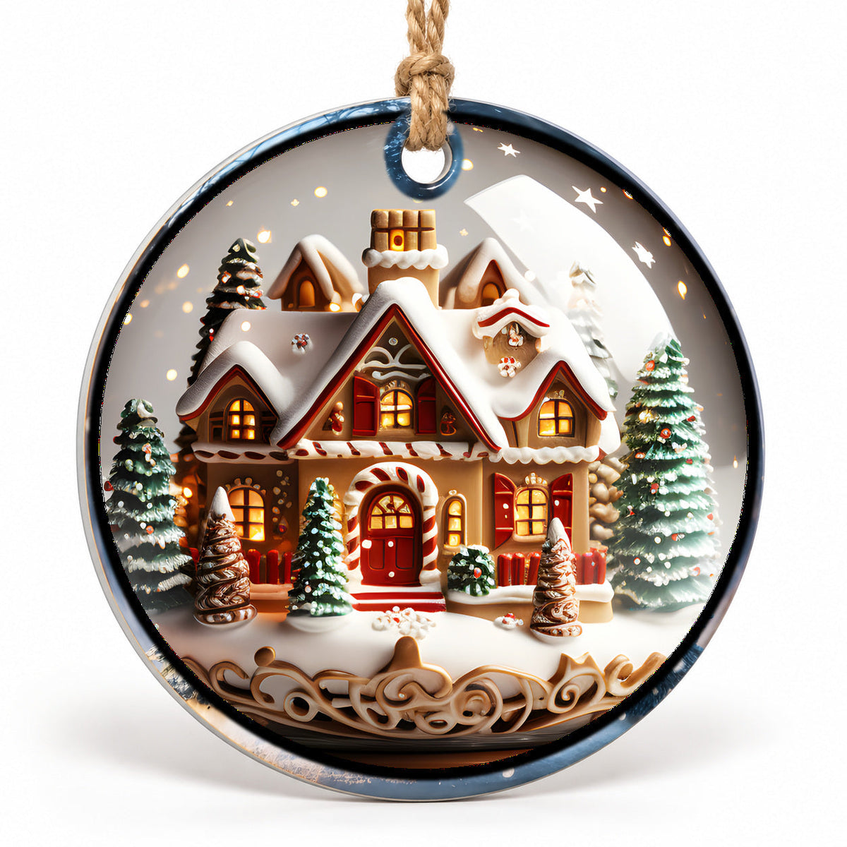 Gingerbread House Flat Sublimation Ornament – Design 20 shown as a flat round ornament with drilled hole and jute hanging cord